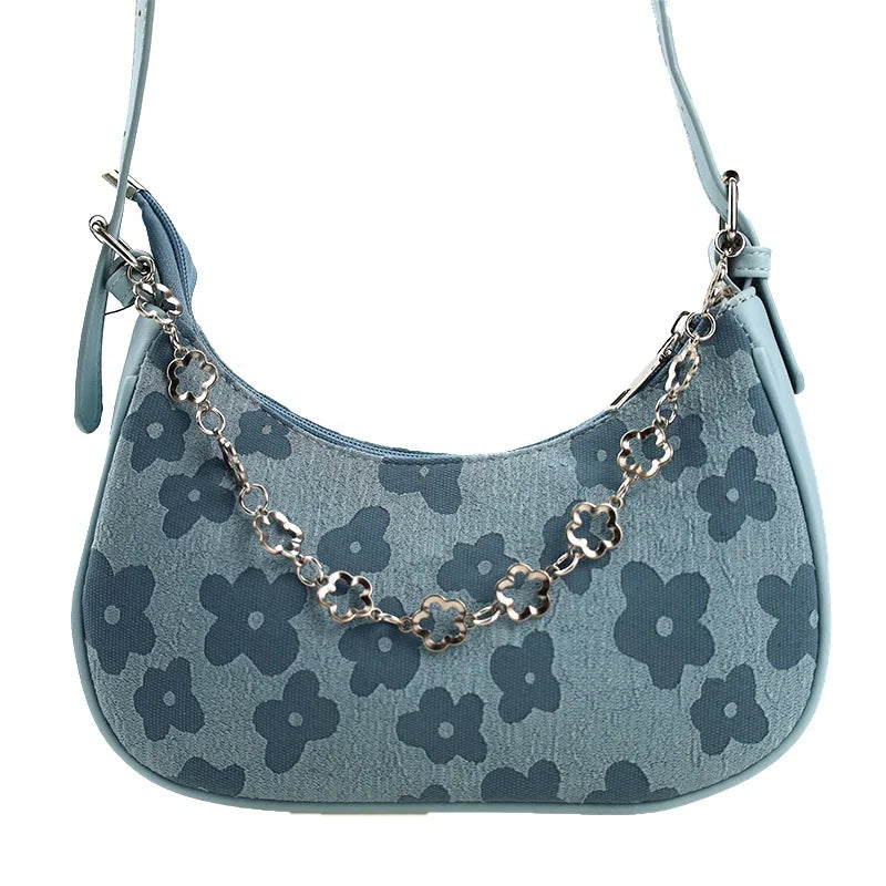 Women's New Blue Flower Pattern Crossbody Bag Canvas Material with Shoulder Straps