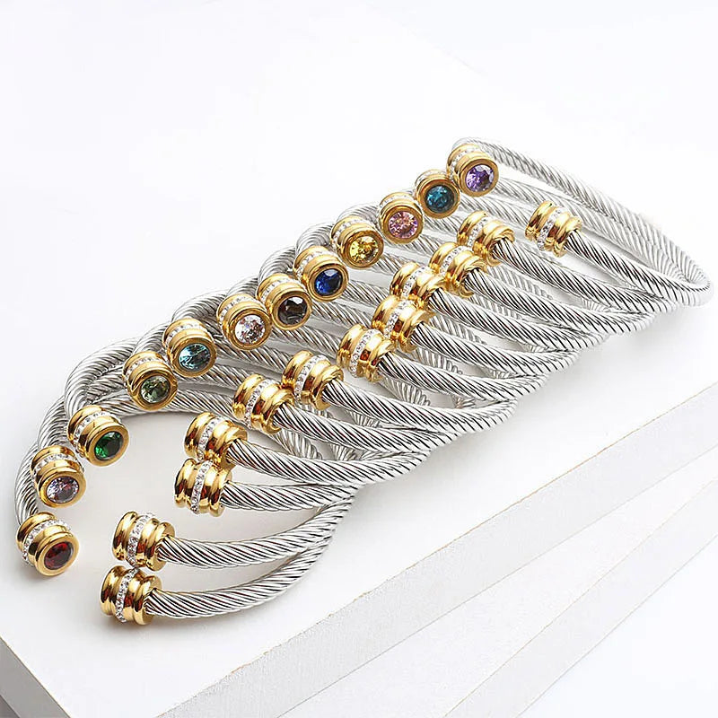 BINSHUO Women's Open Cuff Bracelet Bangle 12 Horoscope Birthstone Gemstone Cable Wire Twisted Wholesale Stainless Steel Jewelry