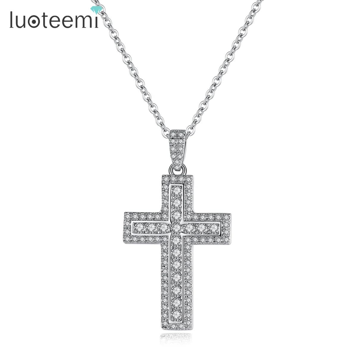 LUOTEEMI Cross Zircon Stone Pendant Necklace Silver Color Jewelry Woman Diamond Cross Pendant Necklace