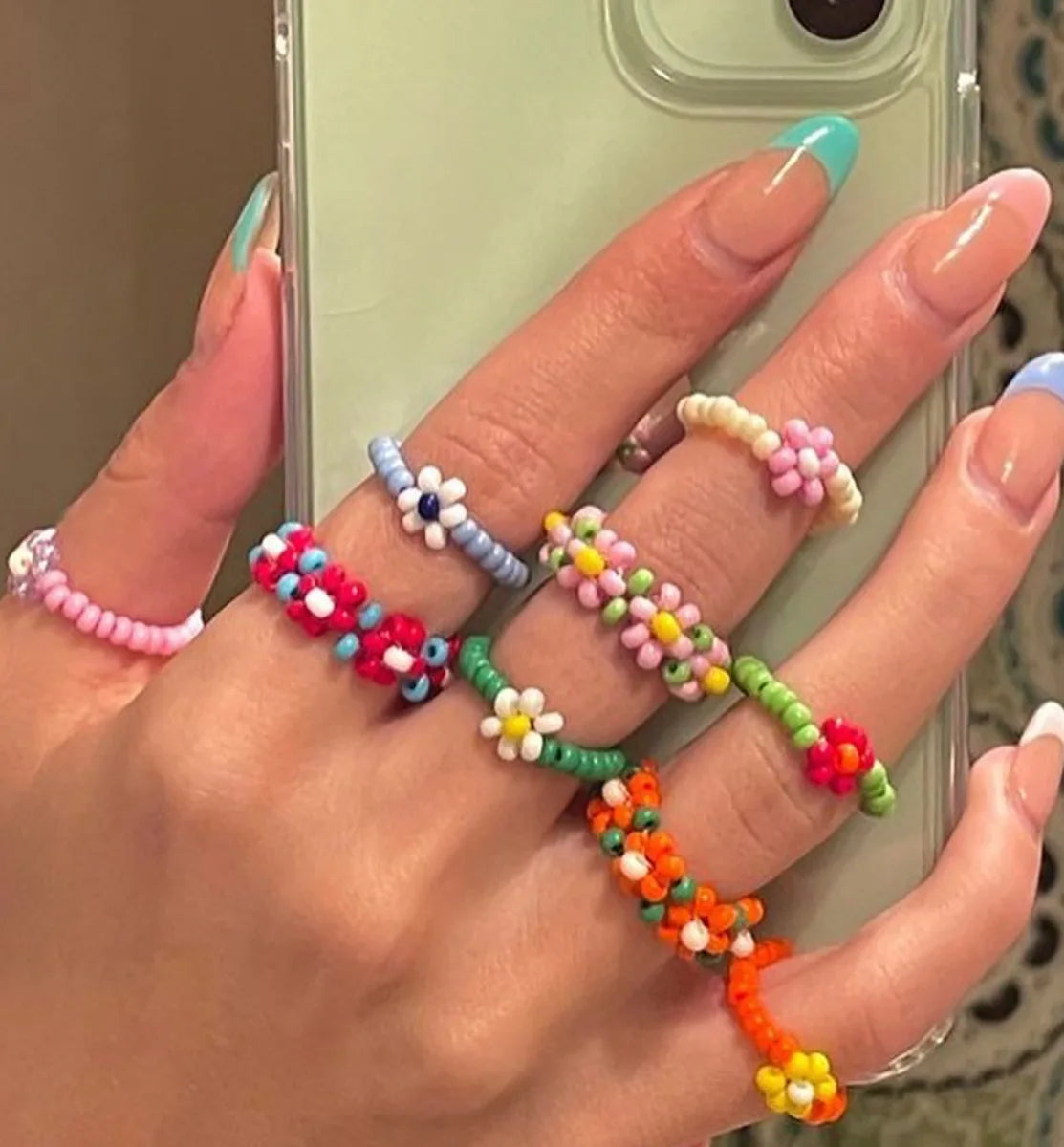Boho Glass Seed Beads Woven Daisy Rings  7cm Rainbow Friendship Charm Flower Beaded Daisy Rings
