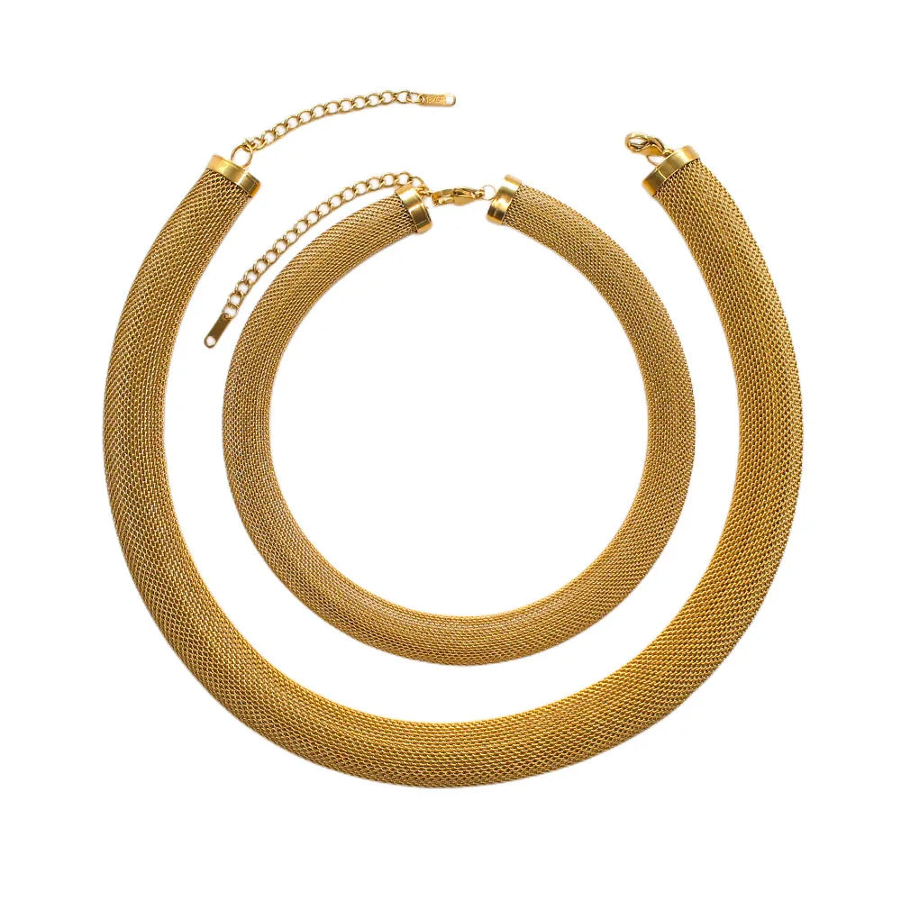 Exaggerated 18K Gold Plated Mesh Chain Choker Necklace Bracelet Set Stainless Steel Fashion Jewelry Set for Women MegaBDM
