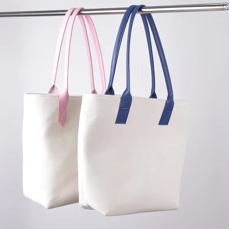 New Fashion Bucket Shape Custom Logo Color Cotton Tote Bag with Brown Leather Handle Printed Canvas Shoulder Bags