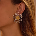 Fashion Statement Hollow Out Two Tone Sunflower Earrings Women Stainless Steel  PVD Plated Waterproof Jewelry