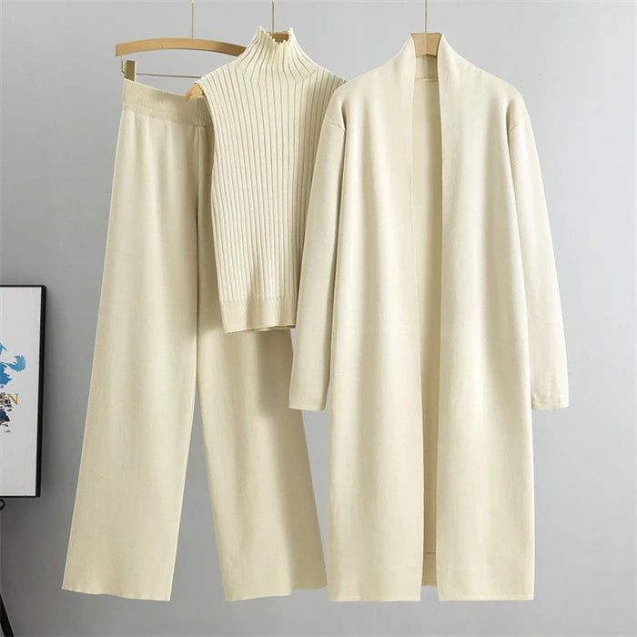 Autumn New Elegant Simple Women'S Knitted Set Sleeveless Tank Top Long Sweater Cardigan Pants Three Piece Sets