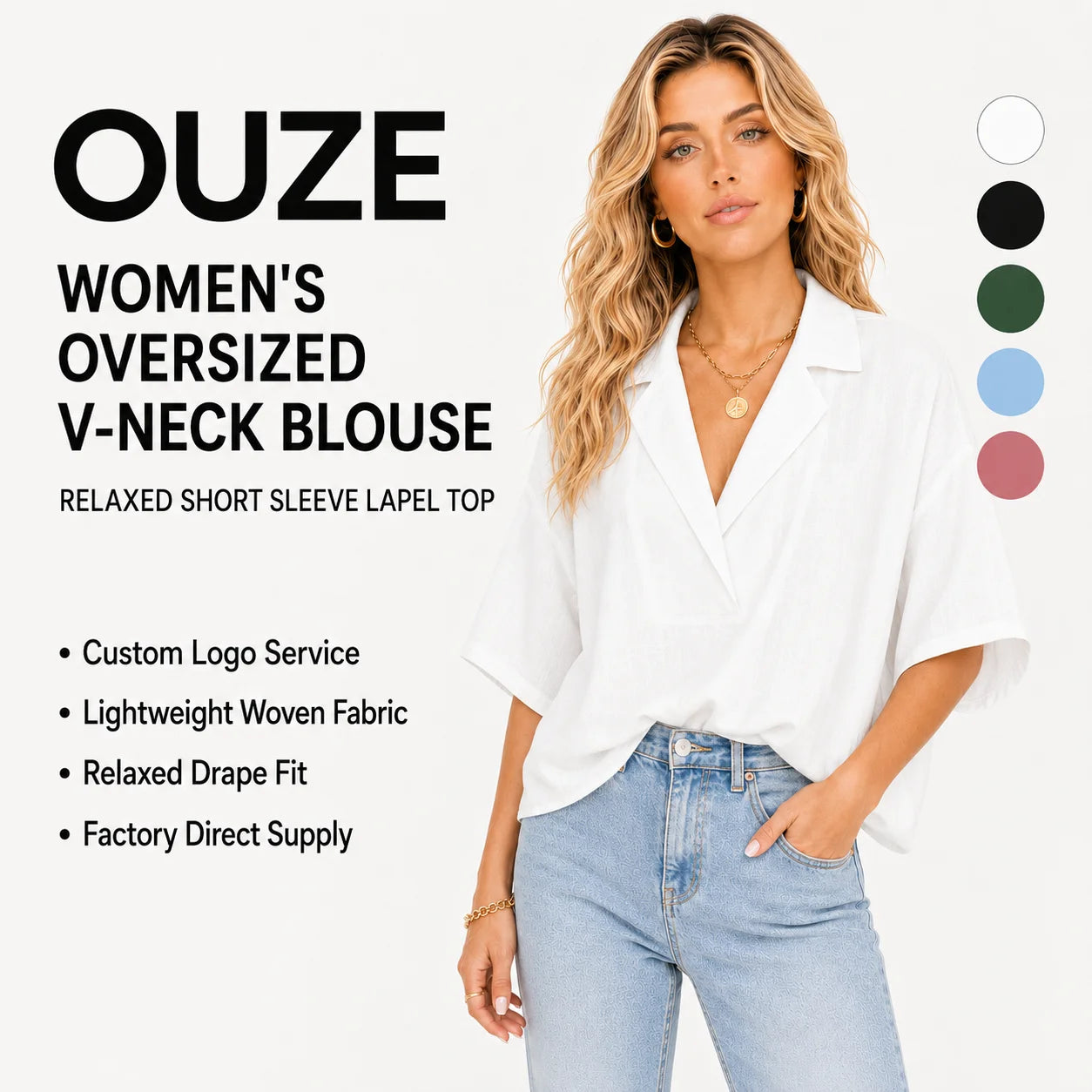 New Summer Women's Short-sleeved Lapel Casual Loose Top Solid-color Shirt