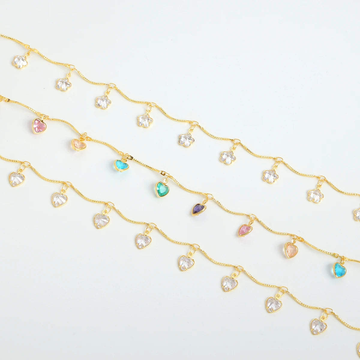 18K Gold Plated Brass Loose Chains Colored Necklace Chain Zircon plum Blossom Heart Chain