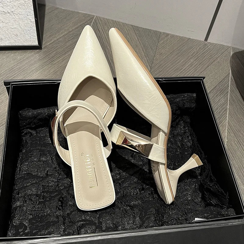 Newest Pointed Toe Studded Metal Fashion Women High Heel Shoes Fine Heel One Stirrup Non-slip Ladies High Heel Casual Shoes