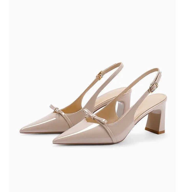 Patent Leather Toe Sandals Women's Thick Heels Pointed Toes Spring and Summer New Versatile Bow Back air Heels