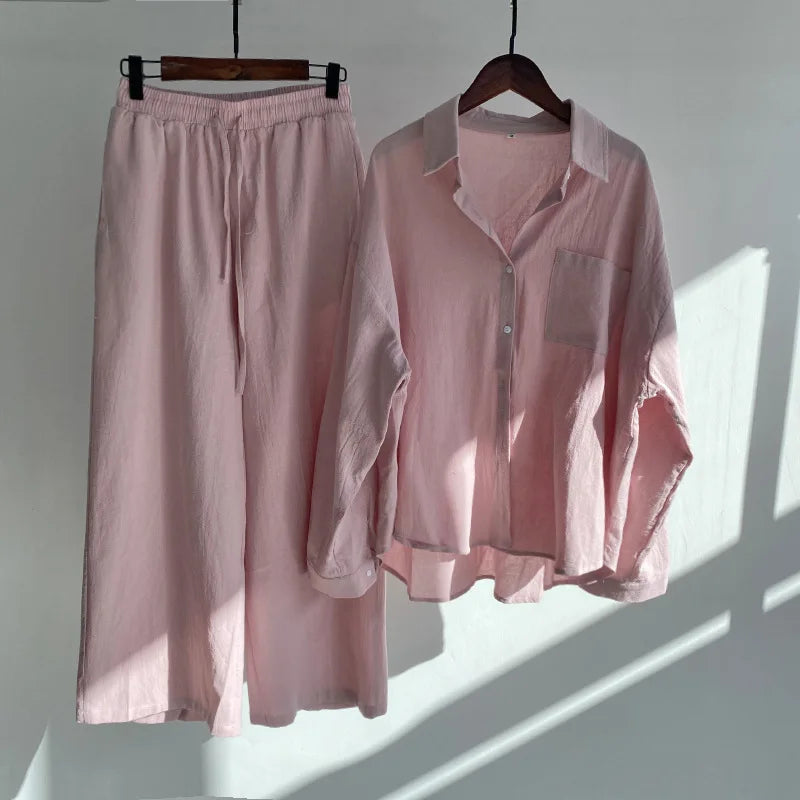 Retro Plus Size 2022 Vestidos Verano Cotton Linen Shirt Suit High Waist Ladies Loose 2 Piece Long Pant Set
