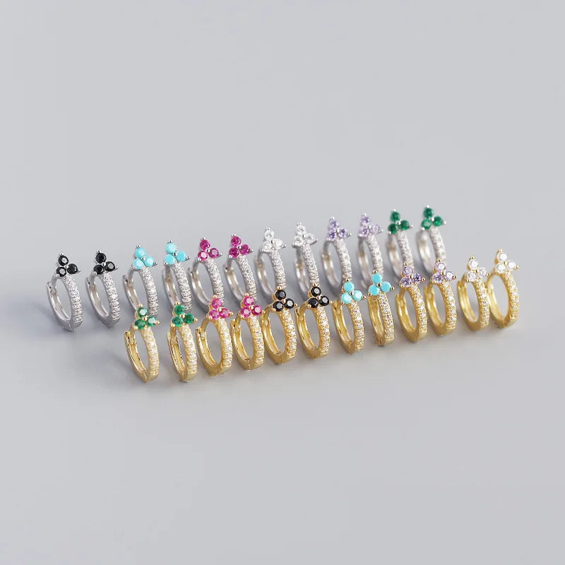 NEW 925 Sterling Silver Jewelry Minimalist Purple Black Blue Turquoise Zirconia Cute Small Flower Hoop Earring for Women