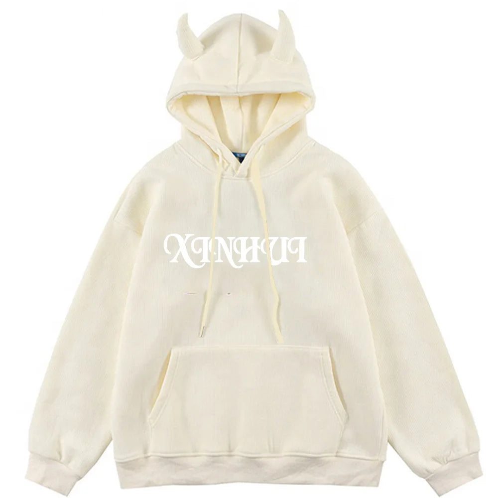 OEM Custom Made Hoodies Demon Horns Drawstring Hooded Kangaroo Pocket Fleece Puffy Men Pullover Hoodie
