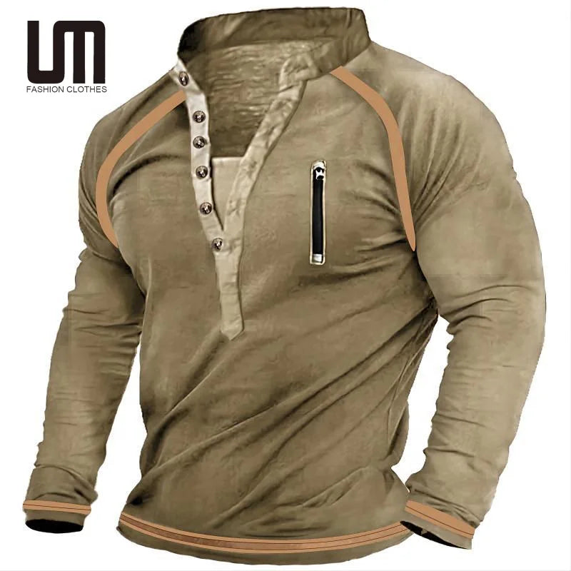 OEM ODM Vintage Fashion Men Clothing V Neck Long Sleeve Oversized Outdoor Plus Size 3XL T Shirts