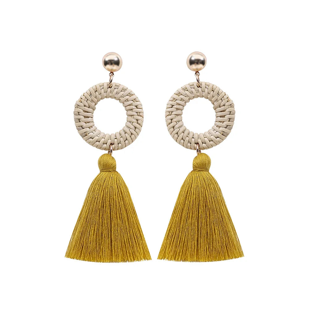 Bohemian Thread Tassel Straw Rattan Wood Earrings Jewelry Women Handmade Wooden Earrings Boho Trendy Ear Drop Jewelry MegaBDM