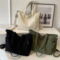 Fashion Large Green Female Corduroy Shoulder Tote Bag for School with Zipper Closure and Lots of Pockets