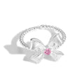 Jewelry Statement Adjustable Pink Cubic Zirconia Ring for Girls Valentine Cute Bow Shaped Open Women 925 Sterling Silver Ring