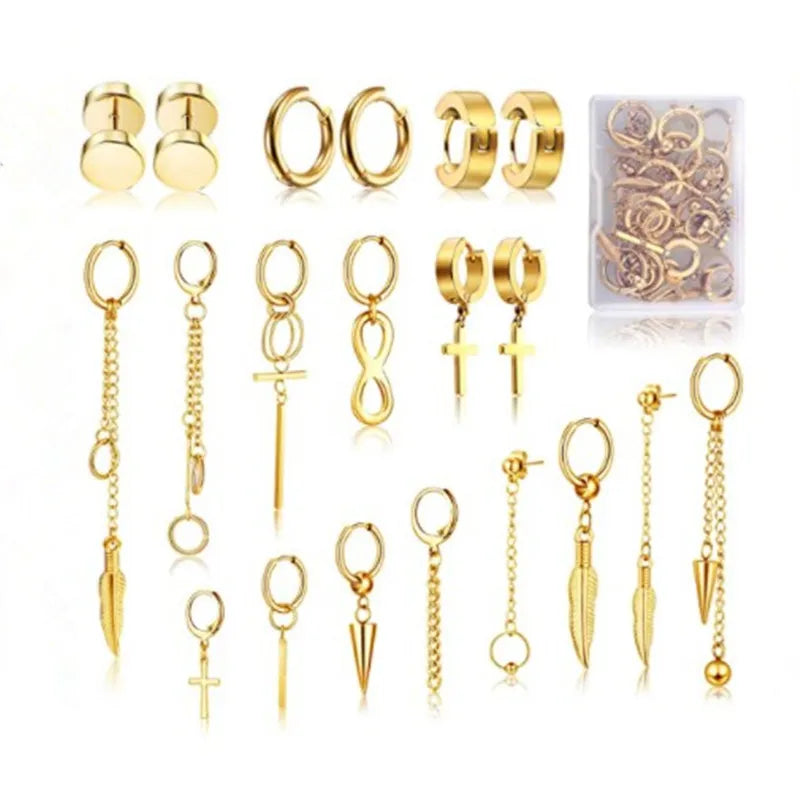 Hip Hop Long Dangle Stainless Steel Statement Earrings Set Personalized Korean KPOP Ear Studs for Men Women Birthday Gift