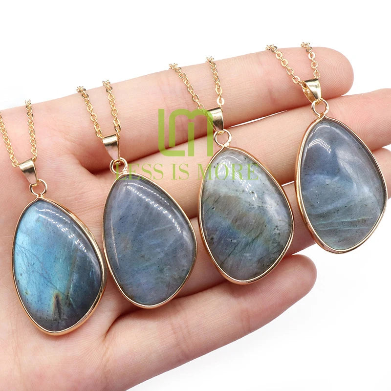 Charming Natural Irregular Labradorite Stone Healing Crystal Gemstone Pendant Necklace Gold Plated Jewelry  for Women Accessory