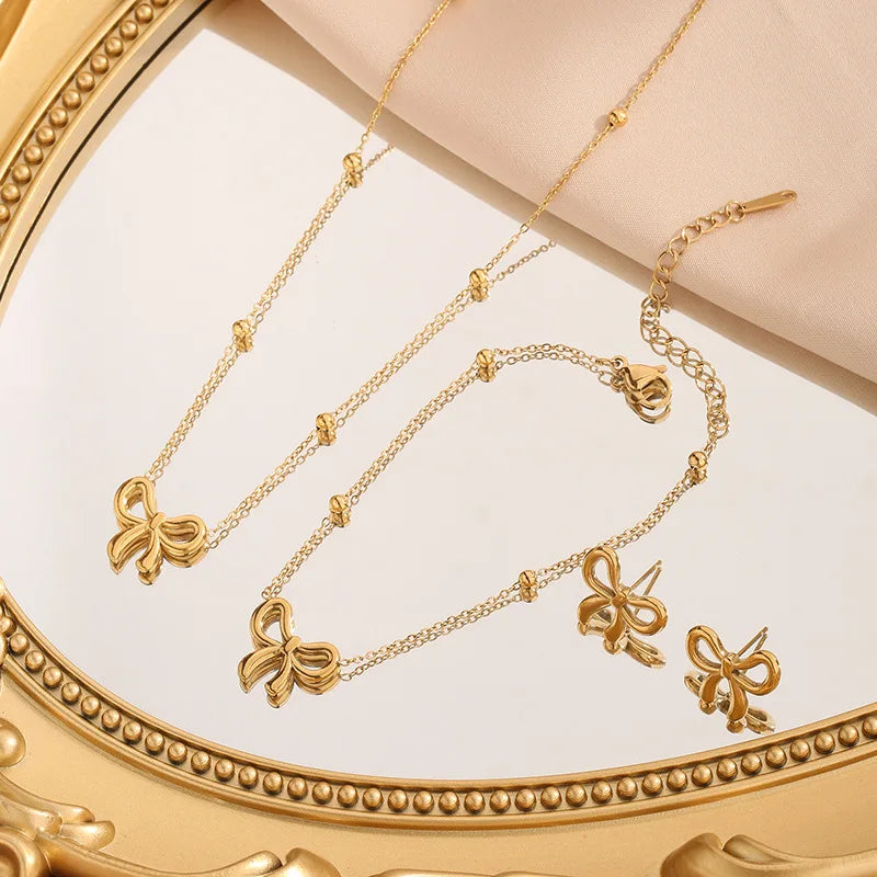 18K Gold Plated Stainless Steel Butterfly Bow Pendant Choker Necklace for Women Elegant Earring Bracelet Necklace Jewelry Gift