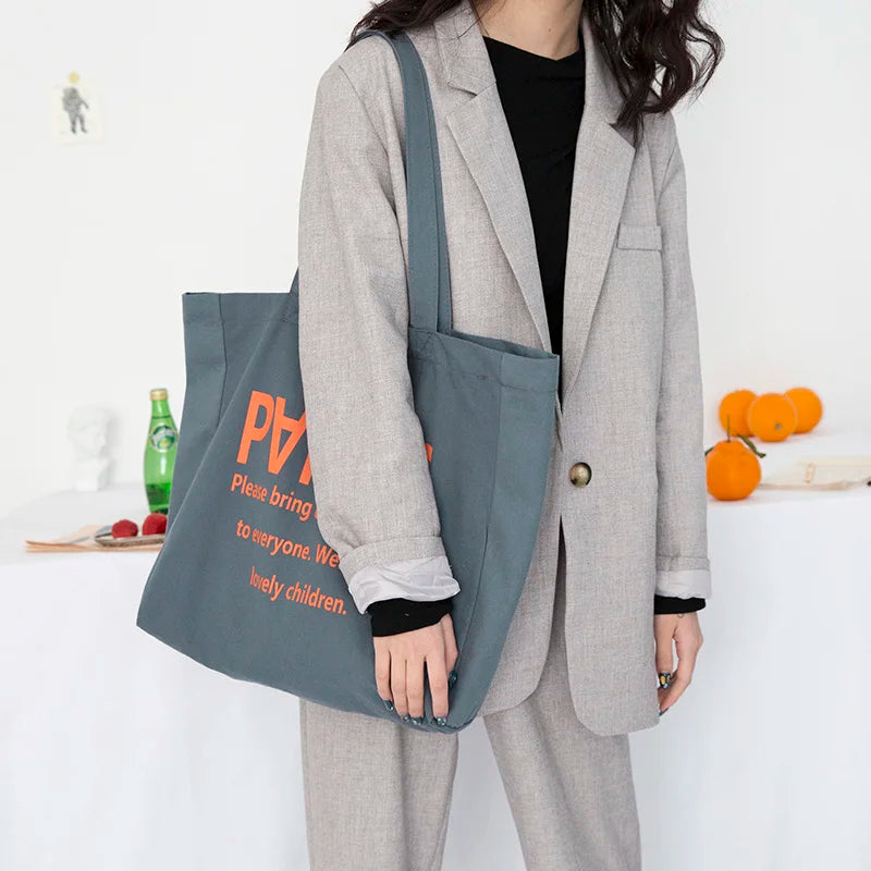 Eco-friendly Korean Letter Contrast Color Canvas Women's One-Shoulder Handbag Casual Cotton Handle Custom Logo Promotional