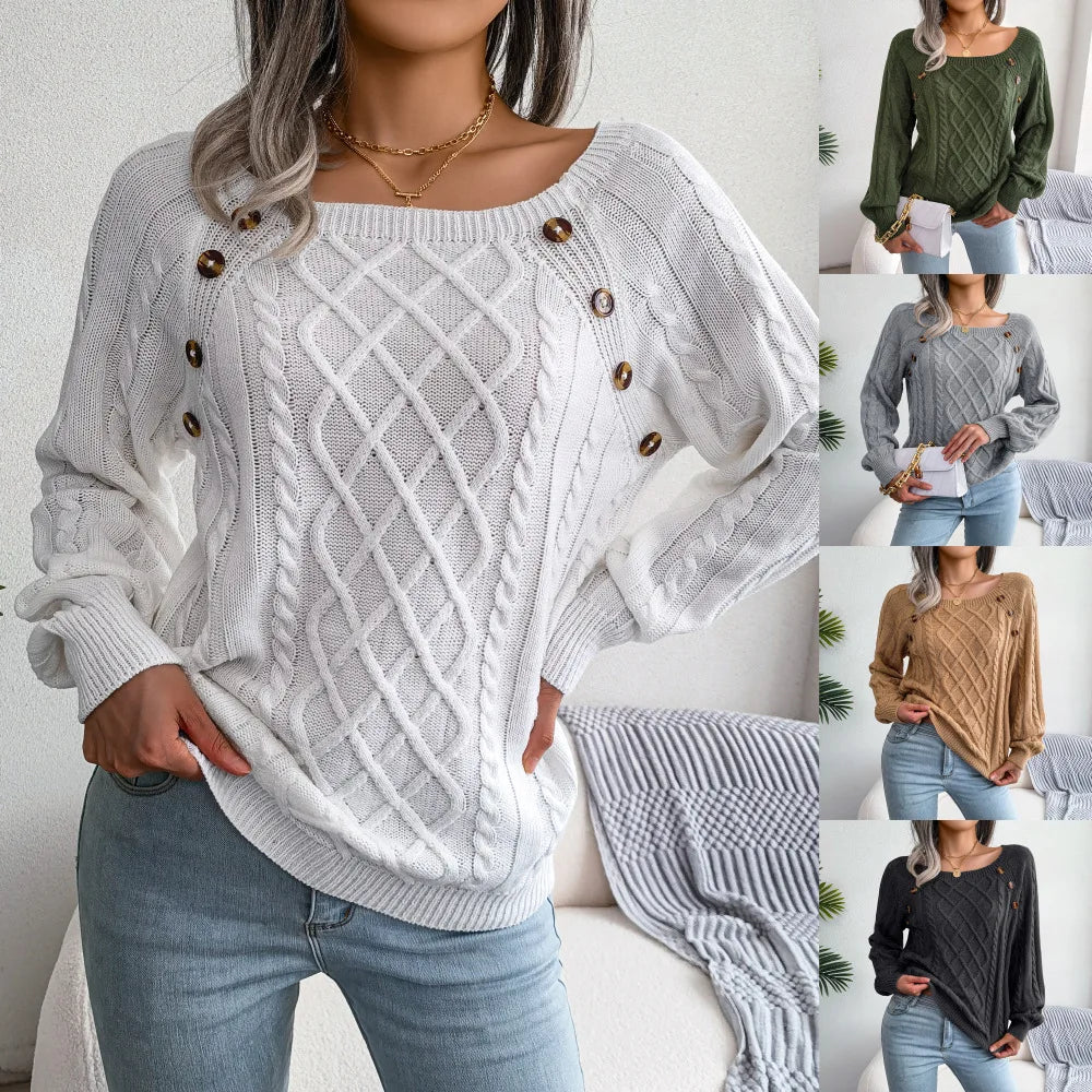 Women Anti-Wrinkle Casual Square Collar Spandex/Polyester 340g Knitted Long Sleeve Pullovers and Sweaters for Autumn