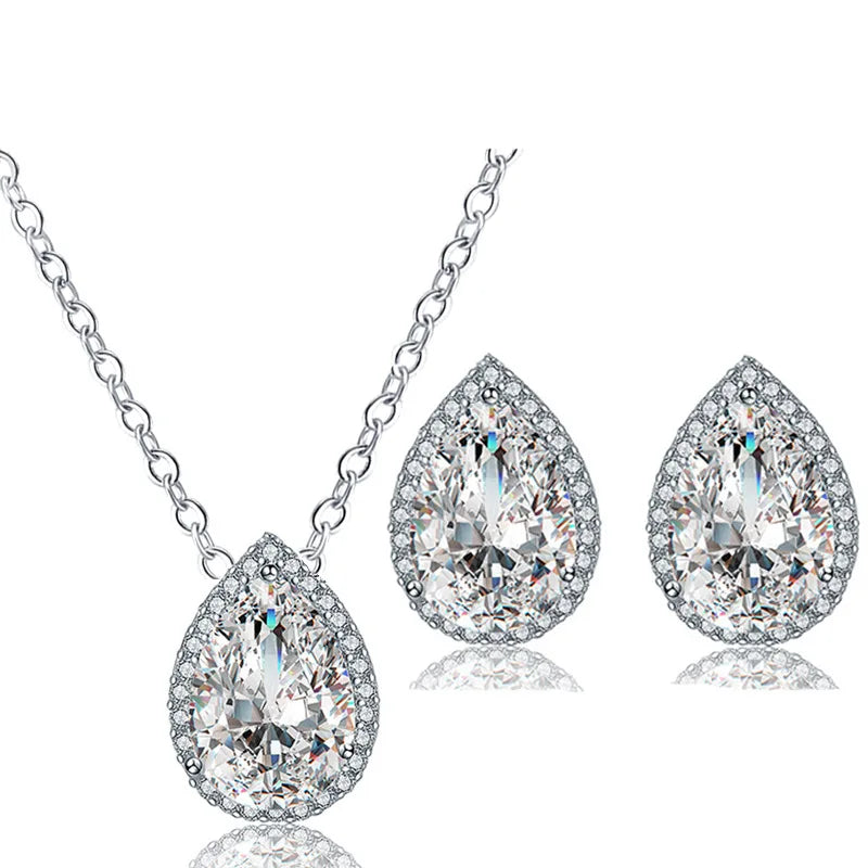 Luxury Double Water Drop Zircon 2pcs Jewelry Set Copper Earrings and Necklace for Wedding Party Engagement or Anniversary