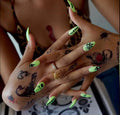 Wholesale Acrylic Artificial Fingernails Medium Length Green Flame Coffin Press on Nails for Ladies