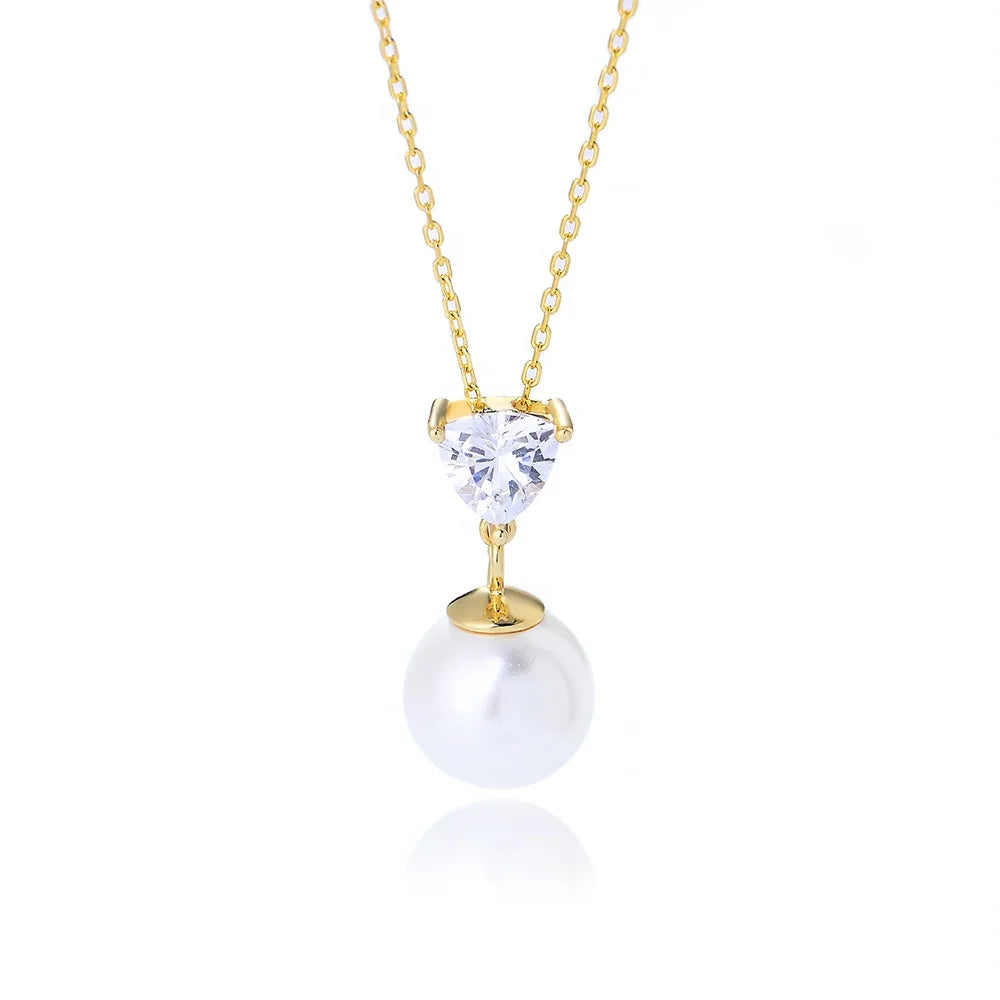 Fashion Jewelry14K Gold Plated 925 Sterling Silver Heart Shaped Zircon Pendent Pearl Necklace for Women Wedding Anniversary Gift