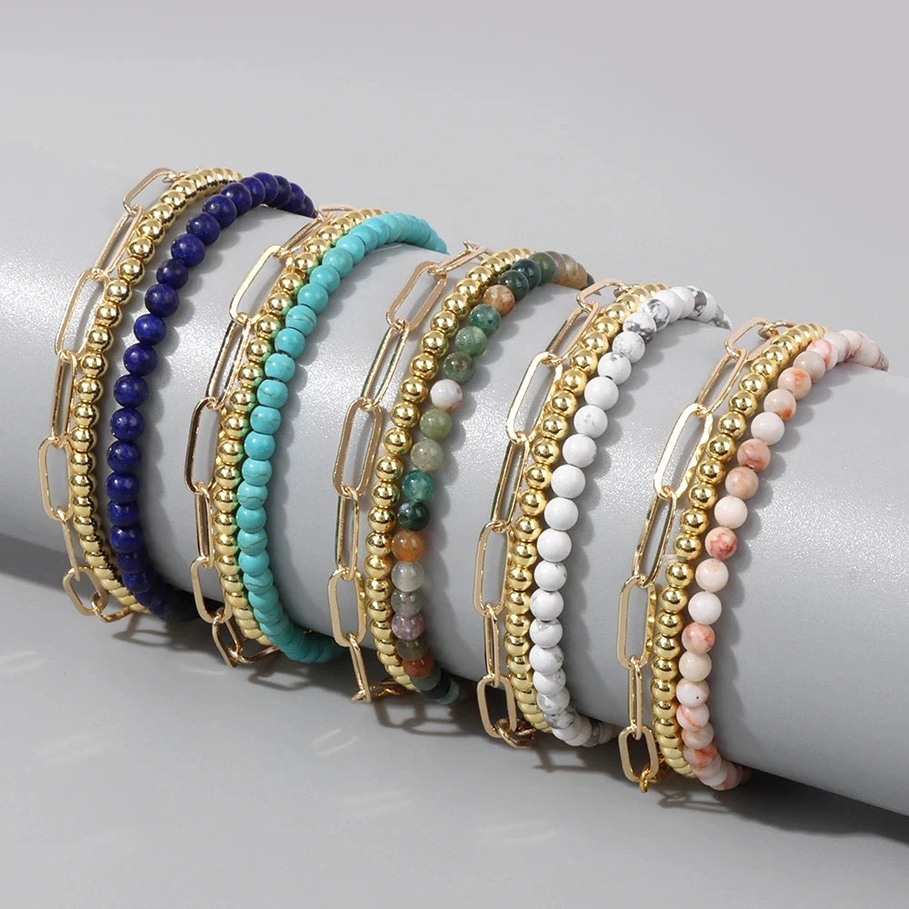 New Fashion 4mm Stainless Steel Beads Natural Stone Gemstone Amethysts Agates Quartz Bracelet Jewelry Set Women Girls JBS12384