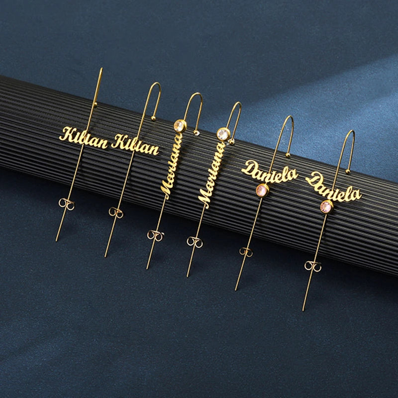 Handmade Personality Stainless Steel Gold Plated Zircon Stick Earrings Custom Name Ear Wrap Crawlers