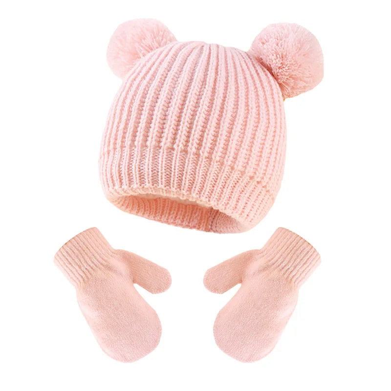 Wholesale New Winter Baby Knitted Hat Mittens Two Pom Ball Cute Children Warm Dome Kids Ski Gloves Beanie Set