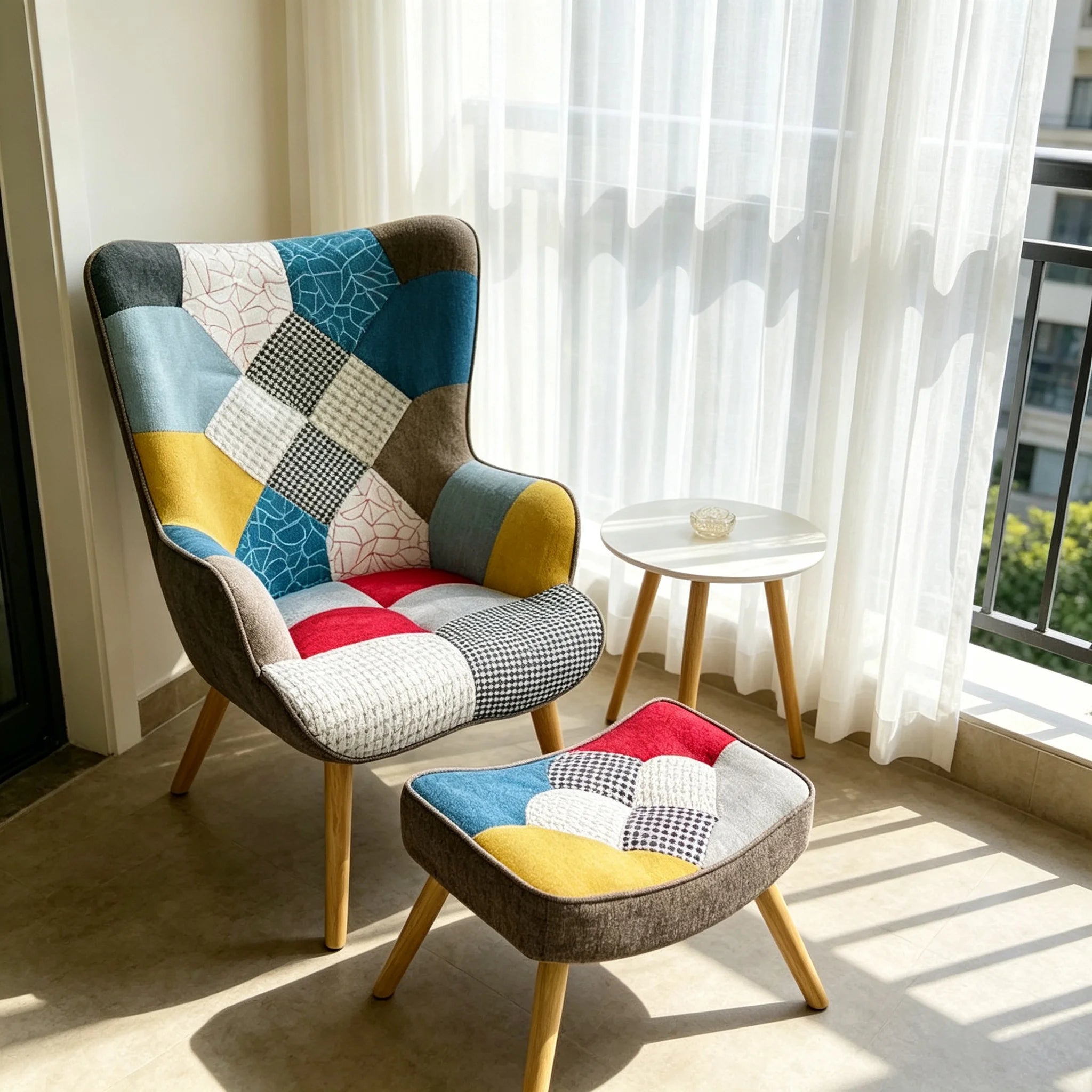 Merry MR-AC026 Patchwork Linen Chesterfield Wingback Chair Ottoman Plaid Fabric Solid Wood Legs Modern Design BSCI Certified