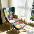 Merry MR-AC026 Patchwork Linen Chesterfield Wingback Chair Ottoman Plaid Fabric Solid Wood Legs Modern Design BSCI Certified MegaBDM