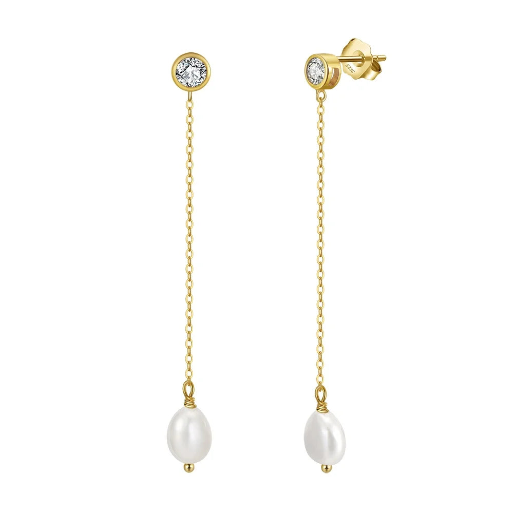 RINNTIN GPE19 Baroque Pearls Earrings With Zircon Solid 925 Silver Freshwater Pearls 14K Gold Plated Stud Drop Earings for Women