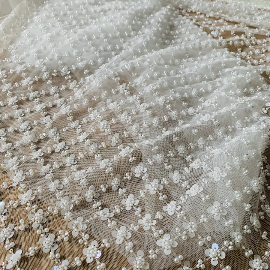 White Wedding Dress Fabric Crystal Beads Sequins Luxury Bridal Lace Fabric