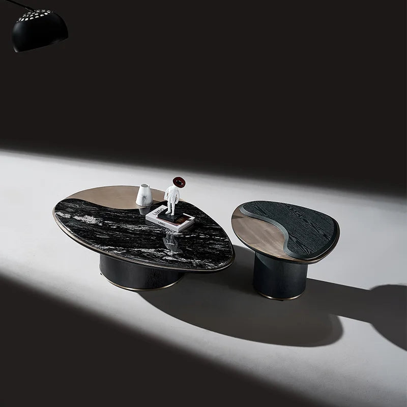 Luxury Wabi-Sabi Coffee Table - Cosmic Black Marble Top with Stainless Steel Frame & Walnut Wood Veneer Finish