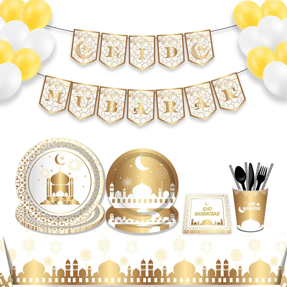 MM089 Eid Mubarak Party Decorations with Paper Plates Cups Napkins Disposable Tableware Set for Muslim Ramadan Party Supplies