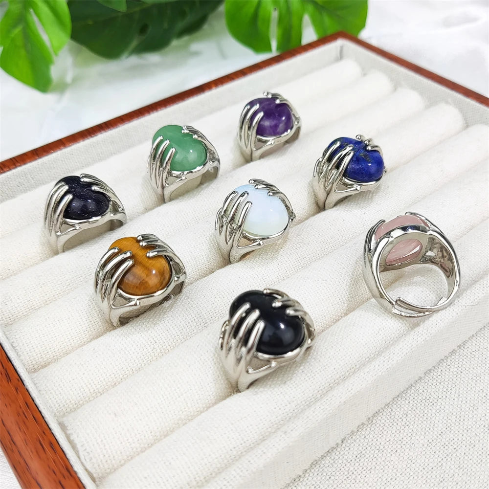 Hot Sale Adjustable Silver Plated Ring Oval Cab Crystal Natural Gemstone Opal Lapis Amethyst Ring Hand Hug Charms Rings for Girl