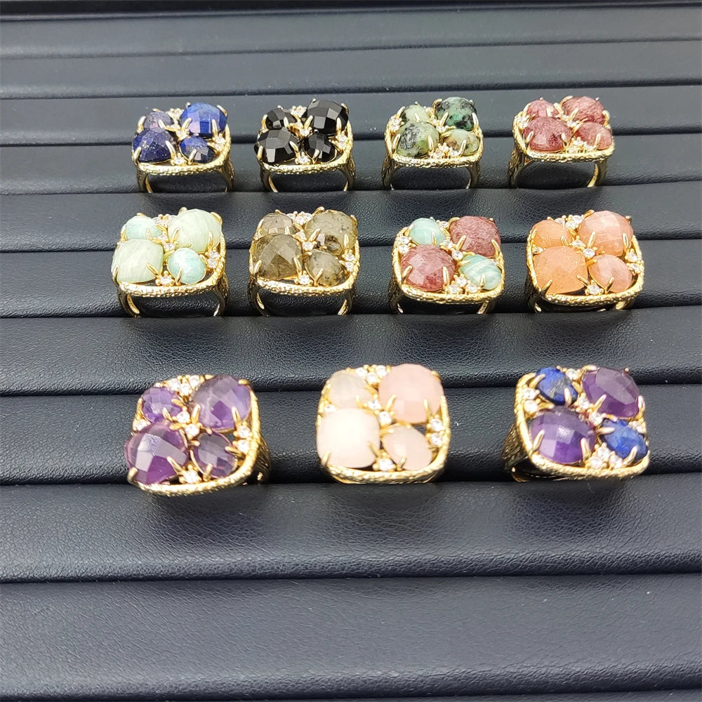 Unique Claw Setting Natural Stone Women Ring Shiny Zircon Crystal Rose Quartz Lapis Ring Real Gold Plated INS Hot Wedding Ring