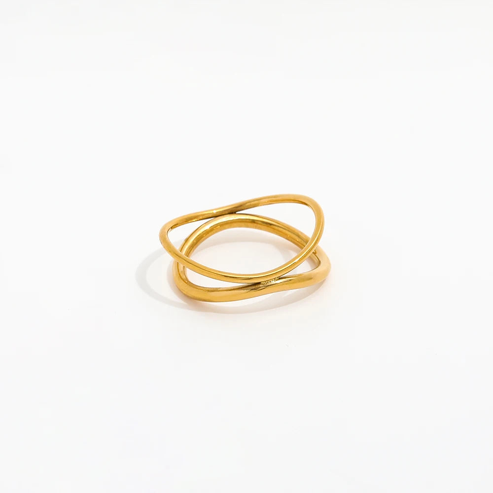 Tarnish Free High End 18K Gold Plated Double-layer Round Lines Cross Statement Rings for Women Stainless Steel Jewelry