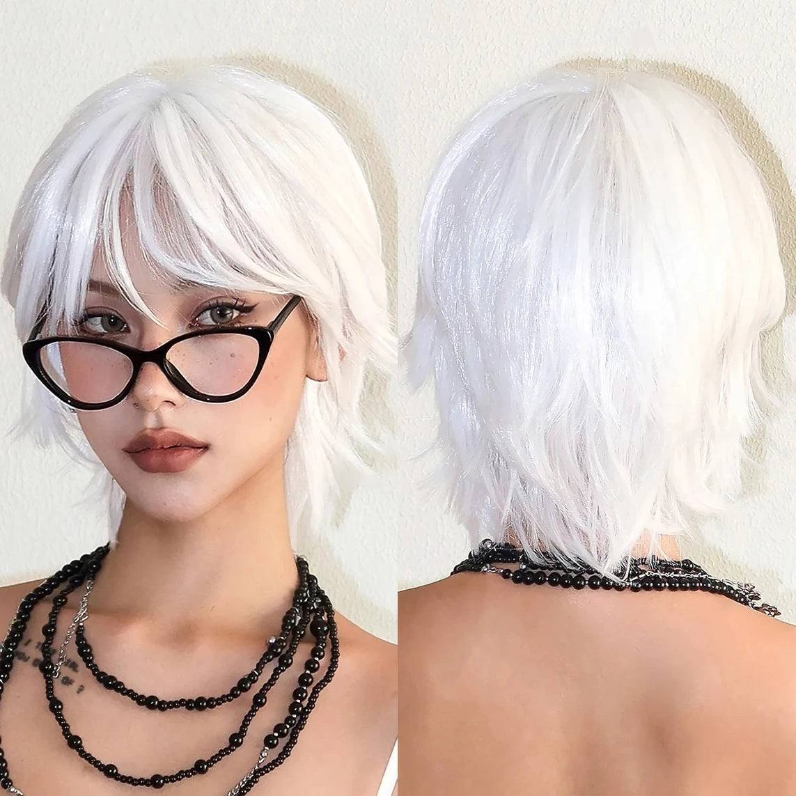 Short White Straight Layered Synthetic Wigs for Women Bob White Cosplay Party Anime Wig with Bangs Heat Resistant Natural Hair
