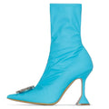 Wholesale Blue Satin Booties Women Pointed Toe High Heels Crystal Short Boots