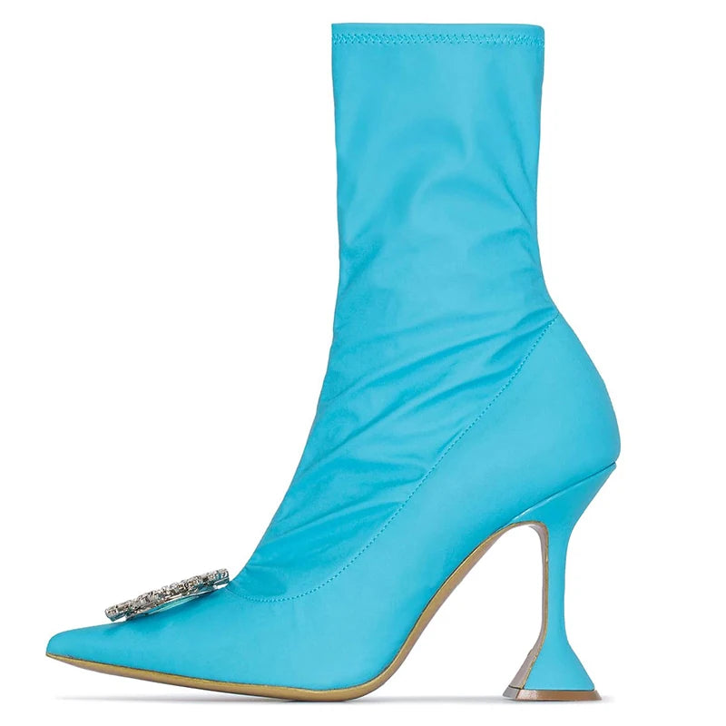 Wholesale Blue Satin Booties Women Pointed Toe High Heels Crystal Short Boots