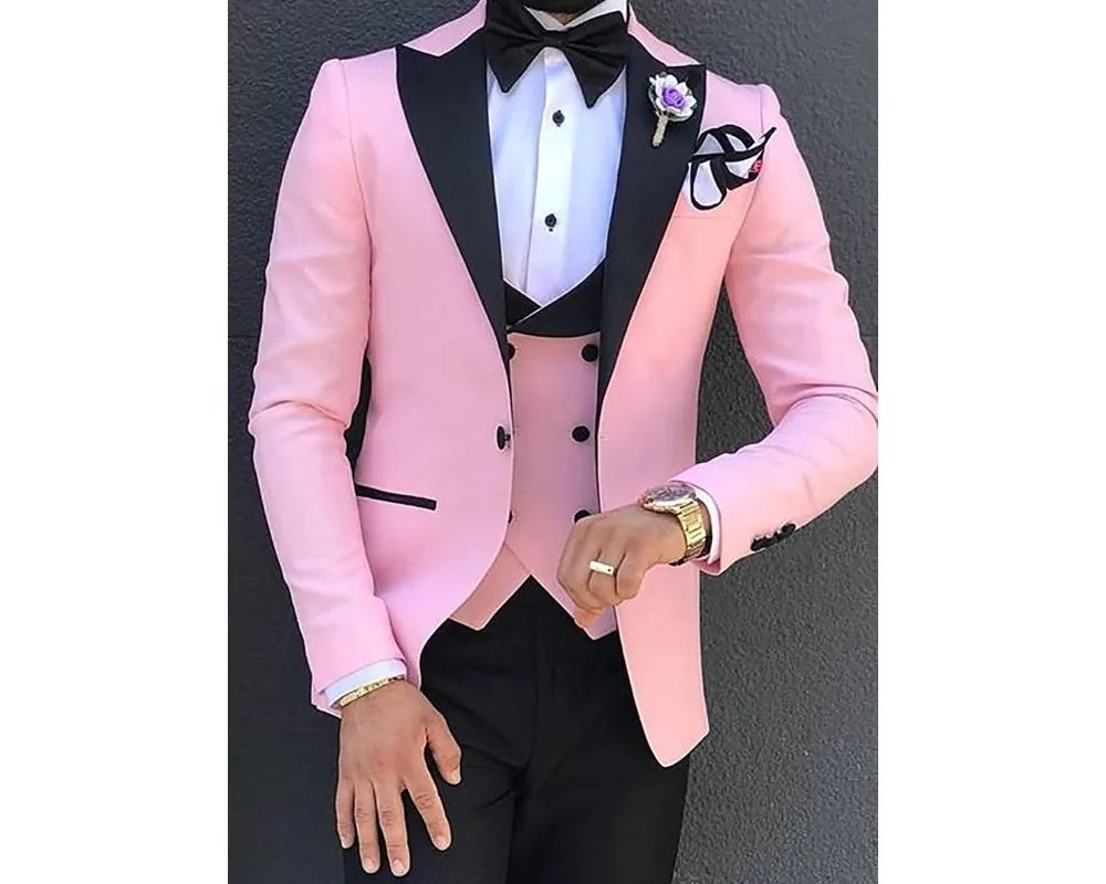 Pink Men's Suit Business Notched Lapel Slim Wedding Banquet Formal Three-Piece Set (Blazer+Pants+Vest)