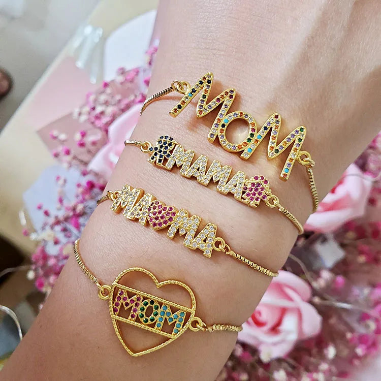 BC1310 18k Gold Plated CZ Pave Letter Mom Mother Mama Script Slider Chain BraceletsMothers Day Gift Jewelry