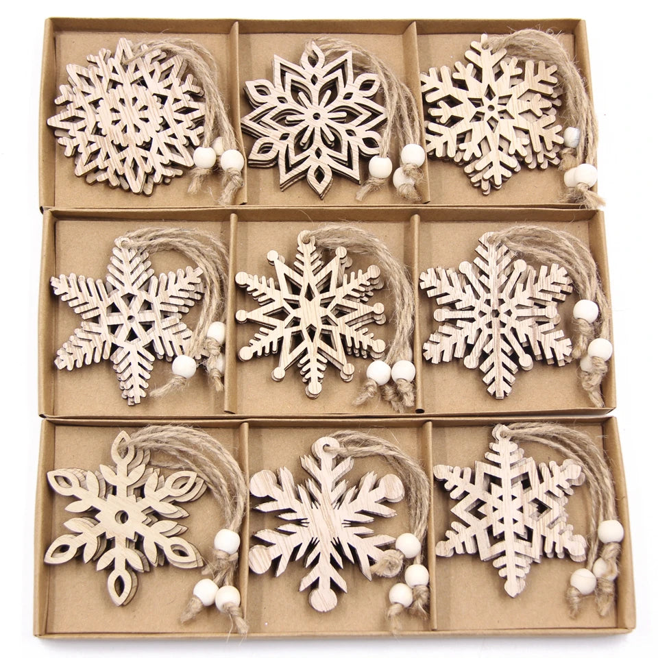 12PCS/Box Vintage Snowflake Christmas Wooden Pendants Ornaments Christmas Tree Ornaments Christmas Decorations Hanging Gifts