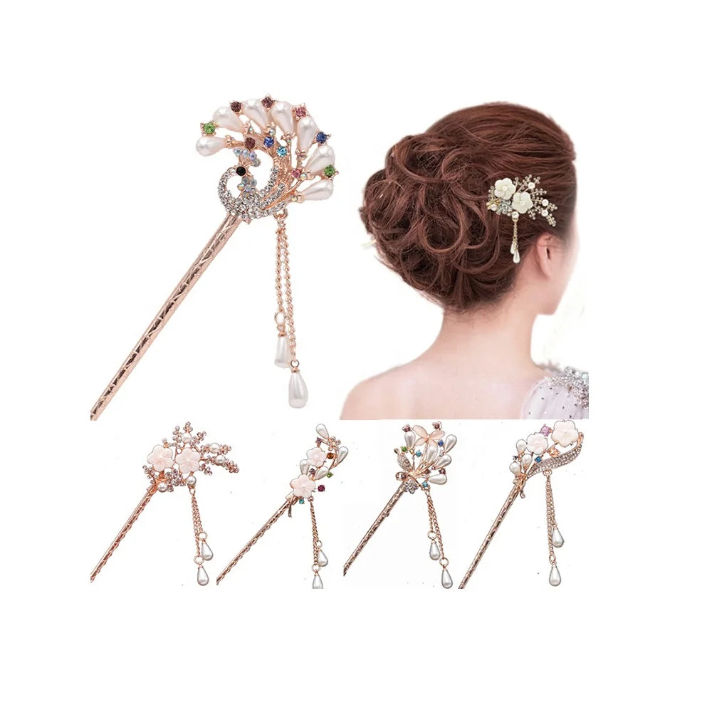 Birds Butterfly Hair Accessories Chopsticks Shell Flower Vintage Tassel Hair Pin Chignon Bling Pearl Rhinestone Metal Hair Stick