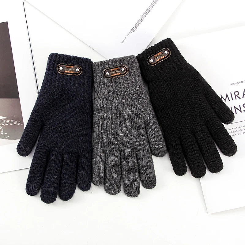 Men's Winter Outdoor Plus Velvet Warm Touch Screen Knitted Gloves