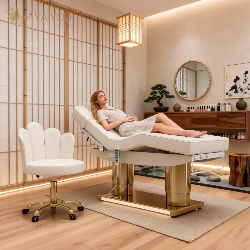 Luxury Golden Metal Base Double Column 4 Motor Facial Massage Bed for Beauty Salon