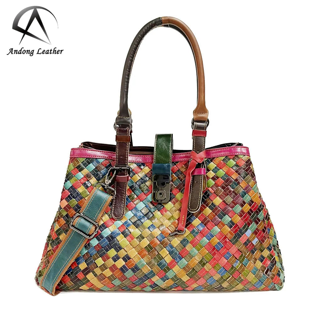 Andong Hand-woven Genuine Cow Leather Handbags for Women Cowhide Colorful Ladies Handbag Shoulder Bag Handbag Ladies Tote Bags