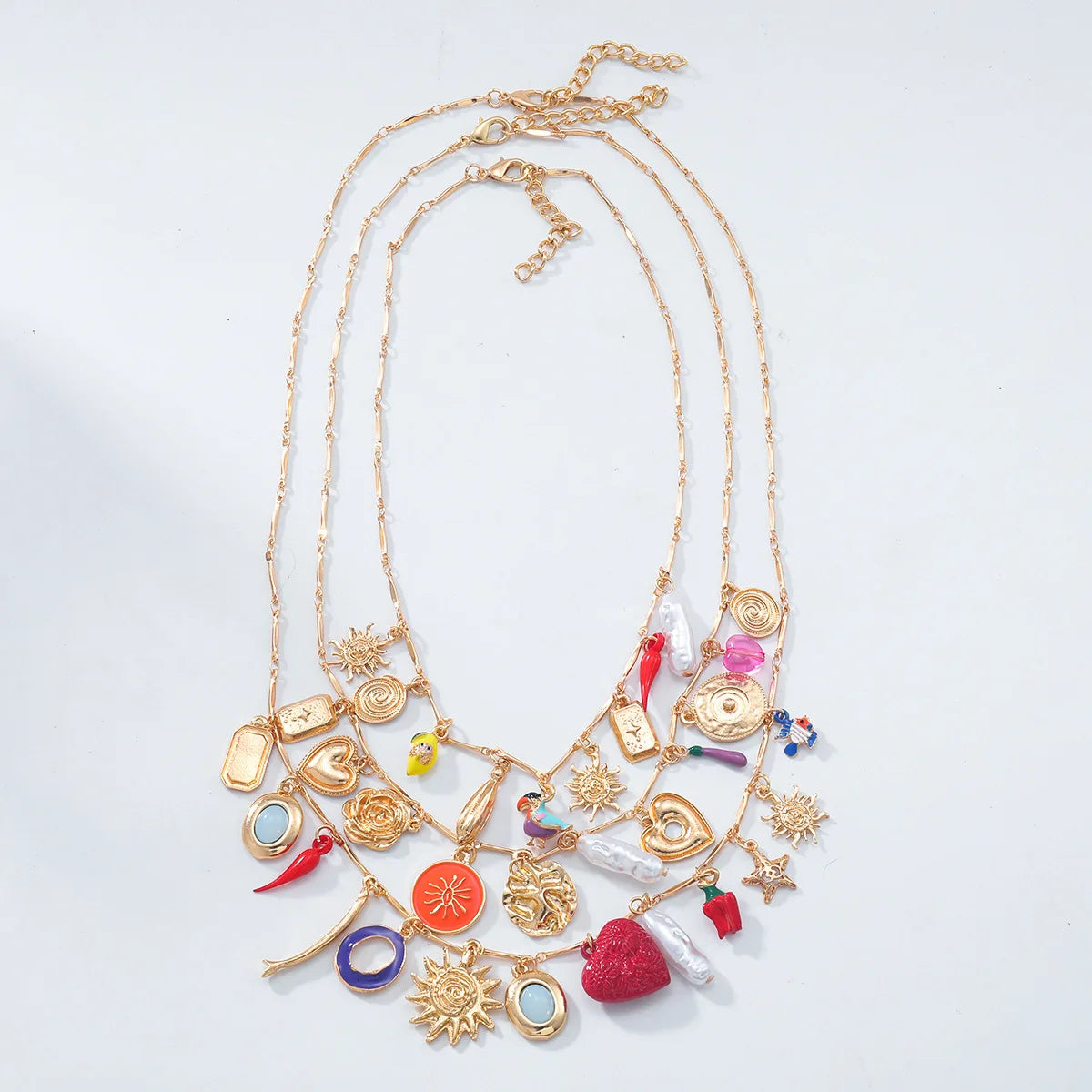2025 New Arrival Fashion Jewelry Bohemian love Bird Chili Multi-layer Necklace 18k Gold Charm Layered Enamel Heart Necklaces